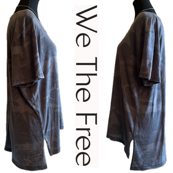 Free People We The Free Oversized Grey Gray Army Camo Raw Edge Soft T-Shirt Top - Picture 3 of 7
